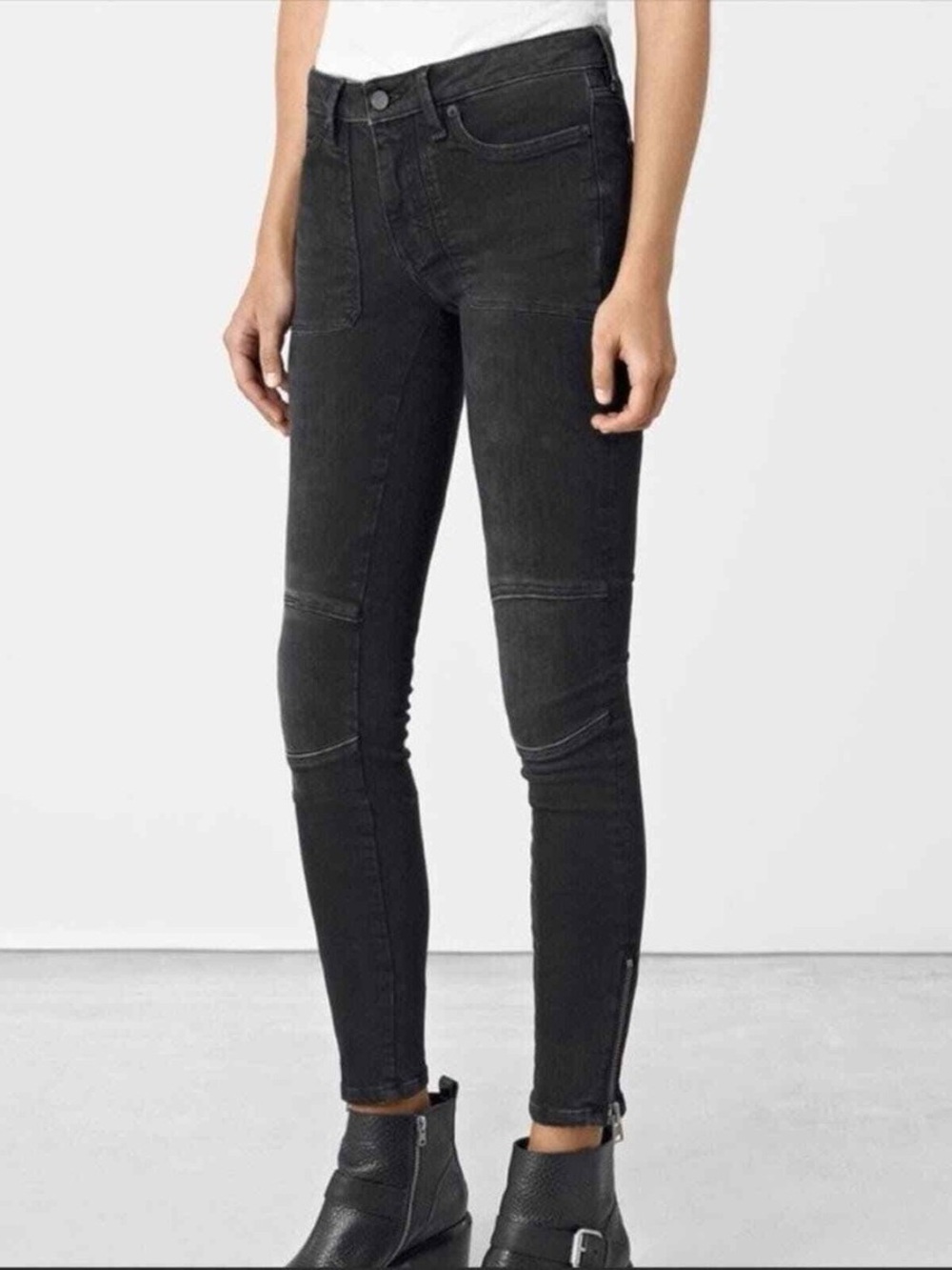 All Saints Biker Skinny Moto Jeans in Washed Black Women's size 30